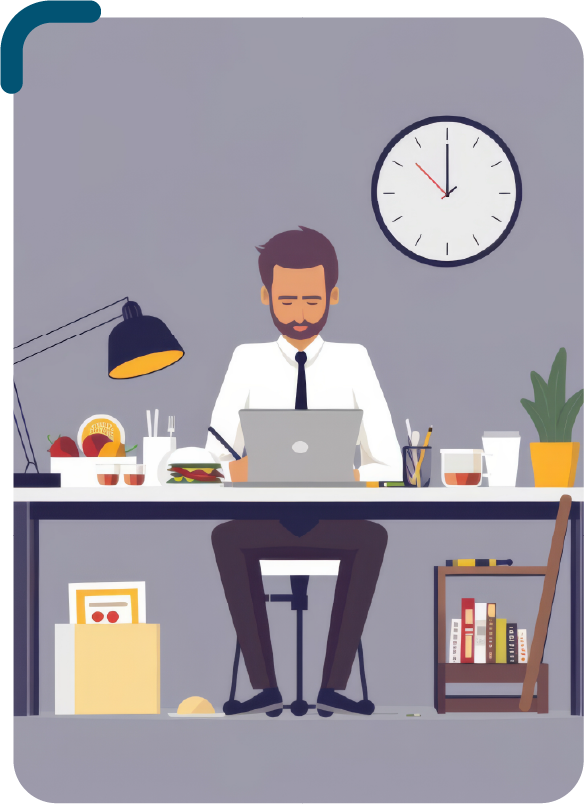  Ilustração colorida de um homem sentado em frente a uma mesa mexendo em um laptop, sobre a mesa há vários objetos, como: laptop, vaso de planta, luminária, copo, canetas e outras coisas. Embaixo da mesa tem uma caixa-arquivo e um suporte pequeno com livros. O homem está usando uma calça social cinza, sapatos e gravata pretos e camisa branca. Atrás da mesa tem uma parede cinza e um relógio analógico marcando 10 h.