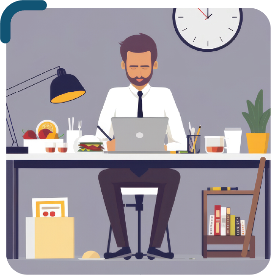  Ilustração colorida de um homem sentado em frente a uma mesa mexendo em um laptop, sobre a mesa há vários objetos, como: laptop, vaso de planta, luminária, copo, canetas e outras coisas. Embaixo da mesa tem uma caixa-arquivo e um suporte pequeno com livros. O homem está usando uma calça social cinza, sapatos e gravata pretos e camisa branca. Atrás da mesa tem uma parede cinza e um relógio analógico marcando 10 h.