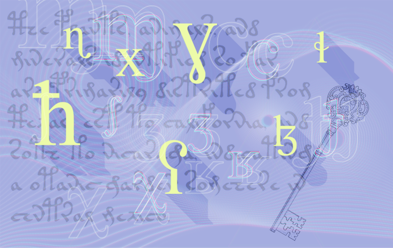 Imagem com diversos símbolos fonéticos e uma chave de móvel antigo.