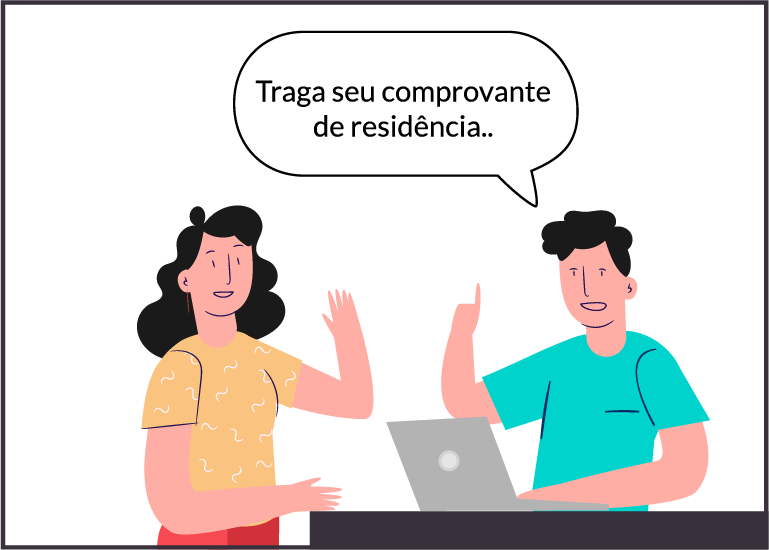 imagem de um rapaz pedindo para uma moça um comprovante de residência.