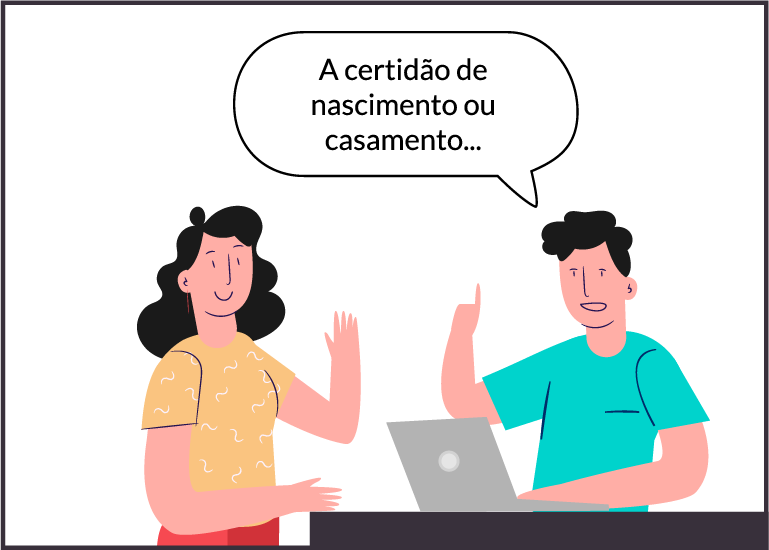 imagem de um rapaz pedindo para uma moça a certidão de nascimento ou casamento.
