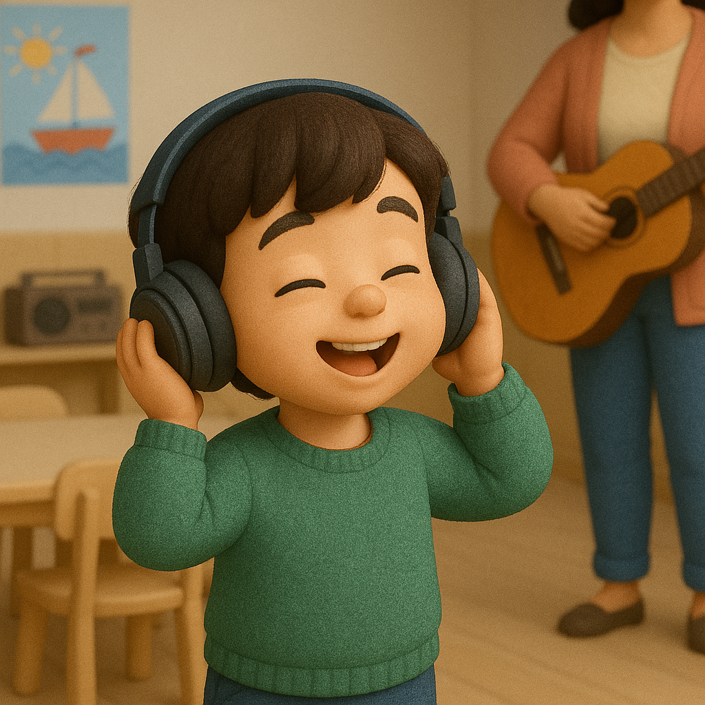 Menino com fones de ouvido grandes sorri de olhos fechados em um quarto, enquanto mulher ao fundo toca violão.