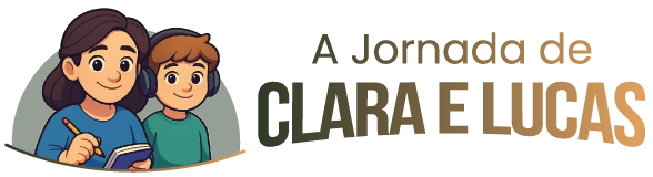 Ilustração de uma mulher sorridente com cabelos escuros, vestindo uma camisa azul, escrevendo em um caderno com um lápis. Ao lado dela, um menino sorridente com fones de ouvido. Abaixo dos personagens, o título 'A Jornada de CLARA E LUCAS' em letras grandes e coloridas, com degradê de roxo para azul no nome 'CLARA E LUCAS'