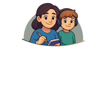 Ilustração de uma mulher sorridente com cabelos escuros, vestindo uma camisa azul, escrevendo em um caderno com um lápis. Ao lado dela, um menino sorridente com fones de ouvido. Abaixo dos personagens, o título 'A Jornada de CLARA E LUCAS' em letras grandes e coloridas, com degradê de roxo para azul no nome 'CLARA E LUCAS'