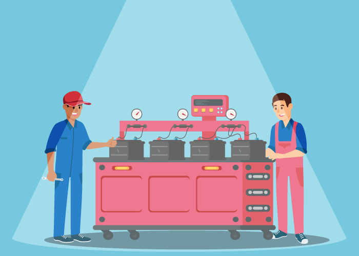 A imagem mostra dois funcionários trabalhando e conversando sobre mudanças no ambiente de trabalho. Um deles diz "Com esta nova iluminação meu trabalho rende mais.", e o outro responde "E minha dor de cabeça passou!"