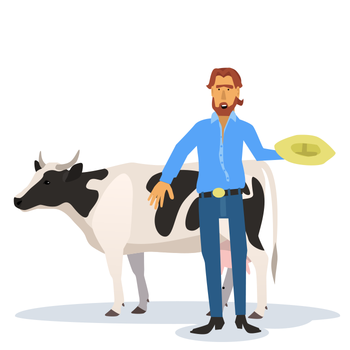 descrição da imagem: A imagem mostra um vaqueiro ao lado de sua vaca. Ele diz à ela: Mimosa, sabia que você é um recurso tangível? 