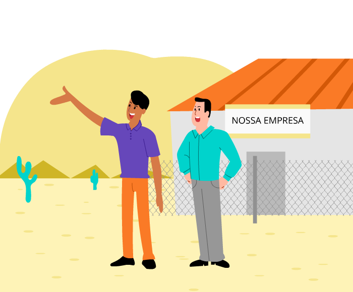 A imagem mostra dois homens conversando em um espaço em frente à empresa chamada “Nossa empresa, Ltda.”. Um deles diz: Não te disse que aqui era bem espaçoso? E o outro responde: Sim, mas... como vamos fazer as entregas de produtos?