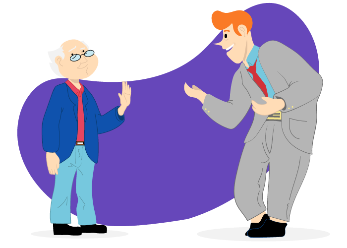 A imagem mostra duas pessoas conversando, um senhor e um funcionário de um banco. O funcionário diz ao senhor: Sr. Pedro, é um prazer tê-lo aqui. Quanto o senhor vai querer de empréstimo?