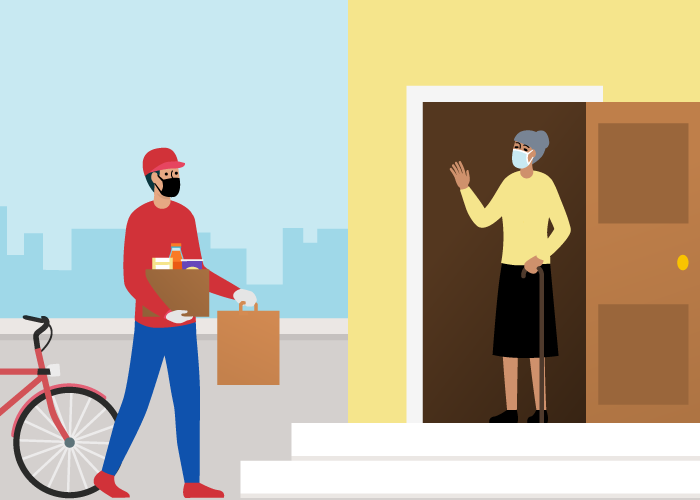 A imagem mostra um entregador de encomendas que chega de bicicleta na casa de uma senhora para realizar a entrega da encomenda.