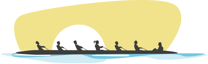 Oito pessoas em um barco remando e uma de frente para elas. O barco aparece de lado e as pessoas estão de perfil. O cenário é de um céu rosado com algumas nuvens e os raios solares saltando sobre elas.