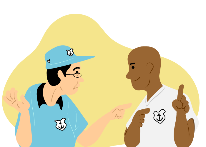 descrição da imagem: um homem de boné e óculos fala com as mãos na altura do peito para outro:
                  Você conhece alguém para a camisa 10?. Ambos têm o mesmo símbolo em suas camisetas. O outro homem,
                  careca, responde apontando para si: Meu sobrinho é um rapaz muito esforçado e está precisando trabalhar!