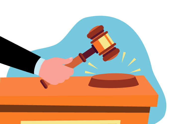 A imagem mostra uma mão segurando um martelo de juiz fazendo referência à um veredicto. Há um balão de fala com a frase: Silêncio no tribunal!