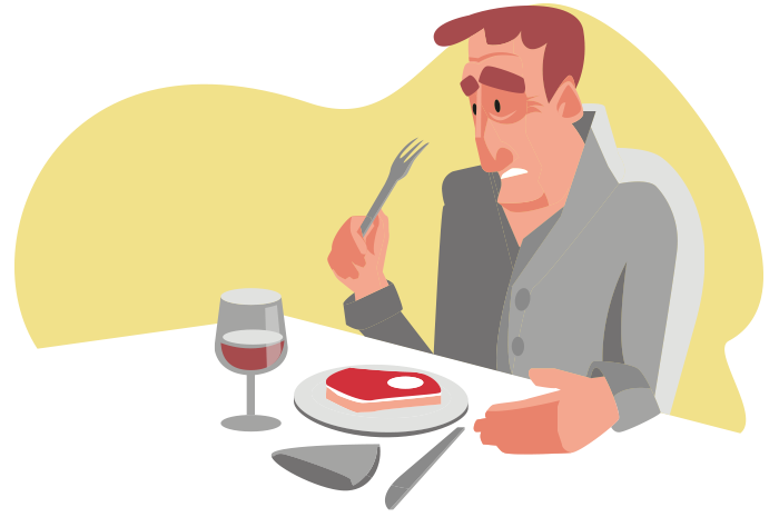 a imagem mostra um homem desapontado olhando para a carne que está em seu prato. Na mesa há um copo com vinho, um guardanapo, um prato com carne, uma faca e um garfo.