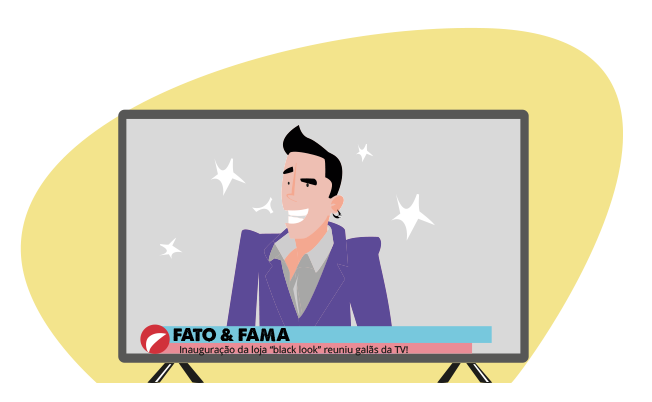 Descrição da imagem: Uma TV de tela plana exibe um programa, onde um homem vestido de terno aparece no quadro Fato & Fama. Na descrição do quadro, a frase: Inauguração da loja 'black look' reuniu galãs da TV!