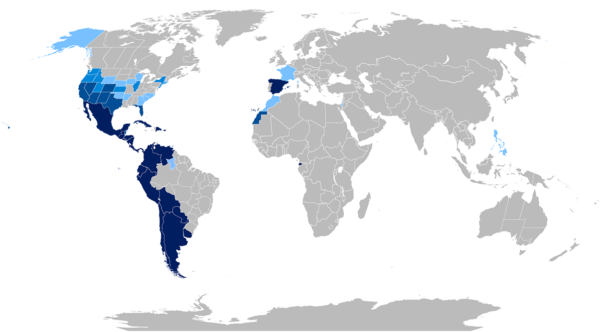 mapa com a distribuição mundial da língua espanhola