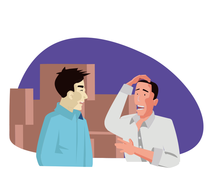 - A imagem mostra dois homens conversando próximos à algumas pilhas de caixas. - Um deles diz:  Acho que só chegaram 24 caixas... e o outro responde: Mas como, se eu pedi 26?!?! E agora?