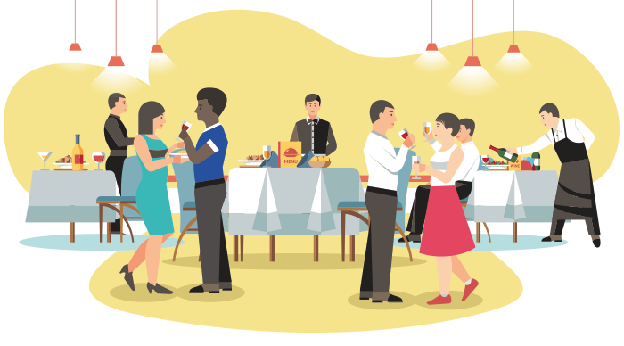 Descrição da imagem: a imagem mostra pessoas confraternizando num evento. Há mesas com comes e bebes, pessoas ajudando na organização e participantes conversando.