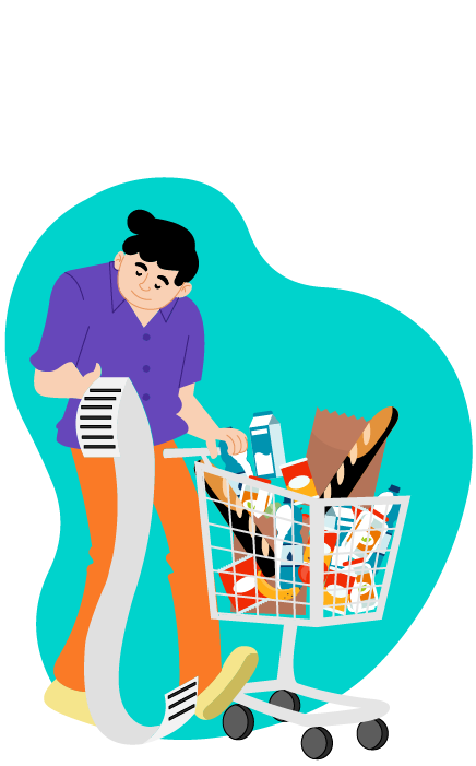 Descrição da imagem: A imagem mostra um homem com uma grande lista de supermercado na mão e um carrinho de compras cheio de produtos. Ele diz: Ops... esqueci o sal. Ainda bem que a Beti fez esta lista. 