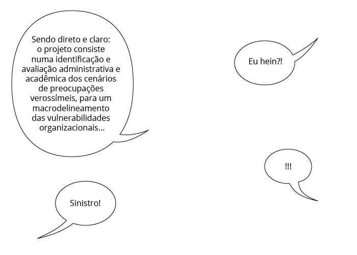 Sendo direto e claro: o projeto consiste numa identificação e avaliação administrativa e acadêmica dos cenários de preocupações verossímeis, para um microdelineamento das vulnerabilidades organizacionais... Eu hein?! !!! Sinistro