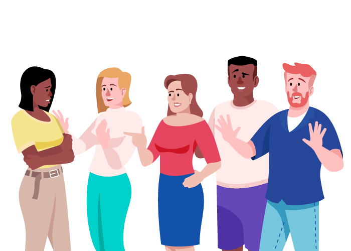 A imagem mostra uma mulher, Márcia, conversando com pais das crianças da festa. Ela está se desculpando e eles dizem à ela: Não se preocupe tanto! Os brinquedos são ótimos. Eles estão se divertindo muito.