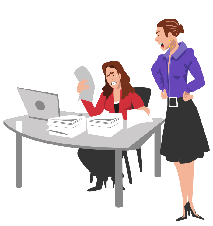 Descrição da imagem: A imagem mostra uma mulher em sua mesa de escritório que contém alguns papéis. Uma segunda funcionária se aproxima dela e diz: Sônia, minha papelada está organizada, já a sua, hein?! 