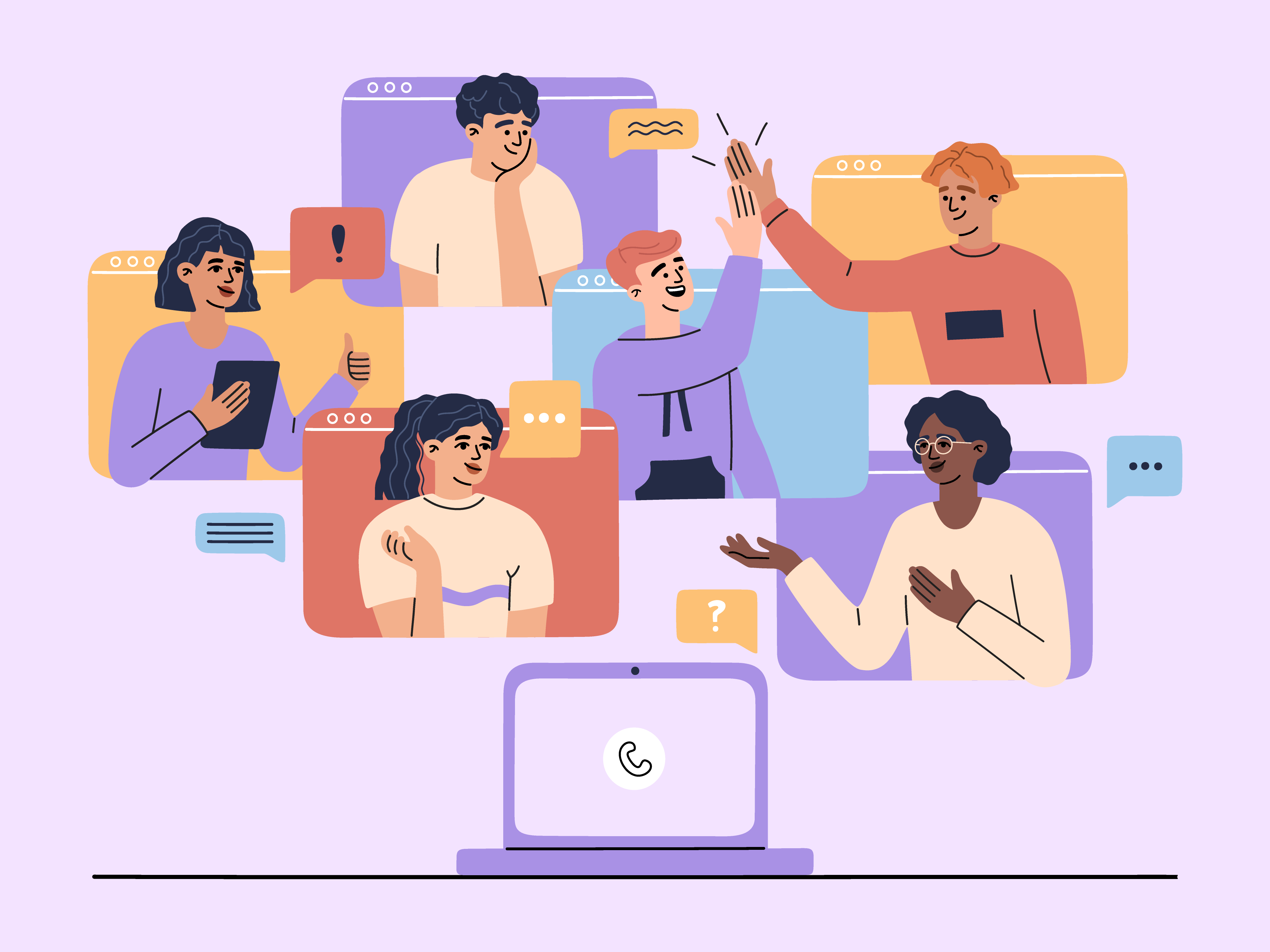 a imagem mostra uma equipe se comunicando virtualmente pelo computador. Em cada tela do computador há o rosto de uma pessoa interagindo com os demais.