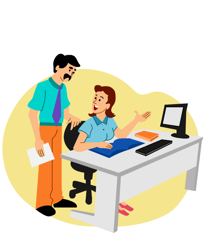 A imagem mostra uma secretária em sua mesa de trabalho conversando com um colega. Ele diz à ela: Eu pensei que você havia acabado o curso técnico. E ela responde: Sim, acabei! Mas sempre tem coisa nova para aprender.